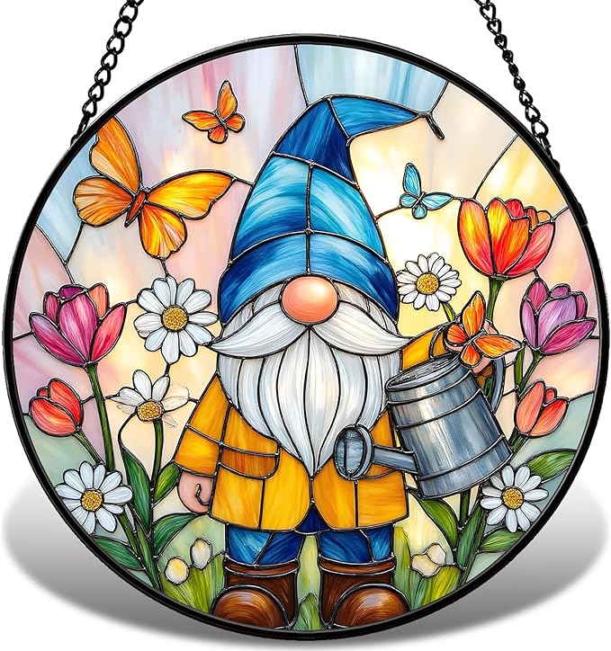 Stained Glass Window Hanging, Gnome in Garden Sun Catcher for Indoor Window Decoration with Flowers & Butterflies, Stained Glass Home Decor Gift for Women and Men G34 (6.3'')