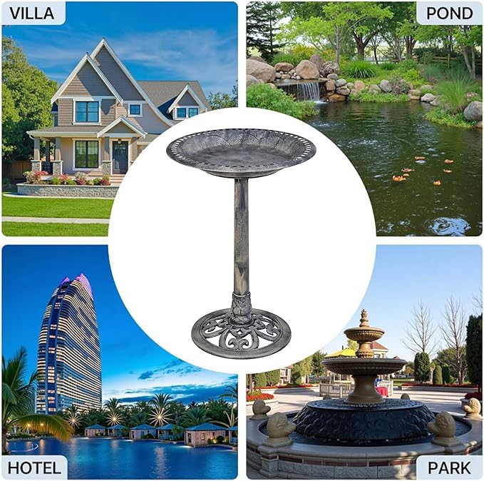 VECELO 28" Pedestal Outdoor Bird Bath for Outside, Vintage Bronze Polyresin Lightweight Antique, Yard/Garden Decoration, Gray