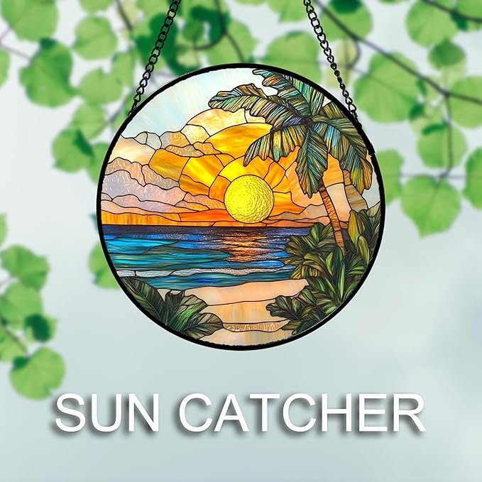 Stained Glass Window Hanging 4 Pcs Set Blue Ocean Coconut Tree Scenery 7.8" - Suncatcher Door Garden Sun Catcher Decor Birthday Christmas for Mom Woman Nana Men