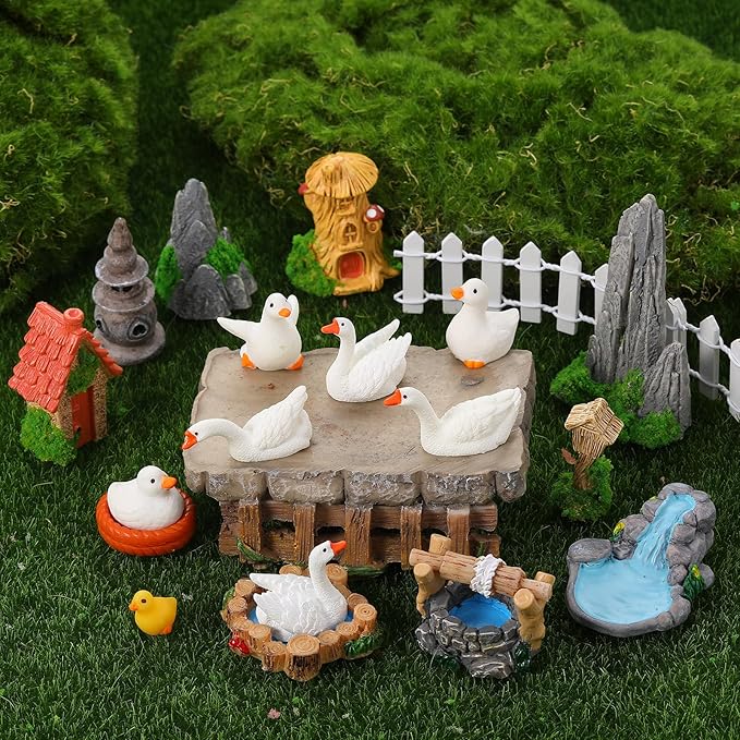 35 Pcs Fairy Garden Accessories Miniatures Garden Kit with Resin Duck, Mushroom House & Bridge Miniature Accessories for Terrarium, Dollhouse & Outdoor Decor