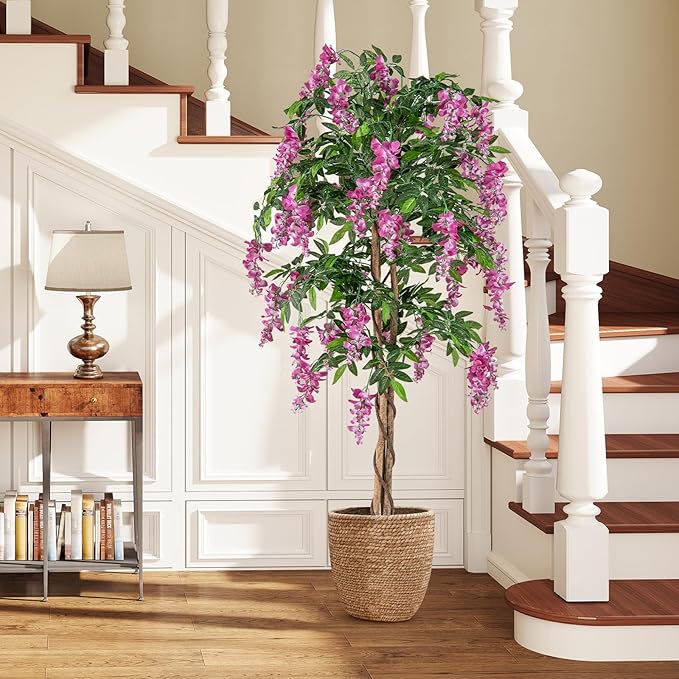 Goplus 5.5FT Ficus Artificial Tree, Faux Wisteria Tree in Nursery Pot with Blooming Flowers, Fake Potted Tree Greenery Floor Plant for Indoor Home Office Porch Living Room Decor