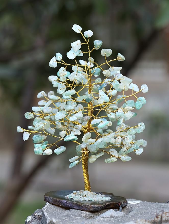 Green Jade Gemstone Tree of Life - Geode Agate Slice Base, Crystal Tree for Positive Energy, Feng Shui Decor - Chakra Tree, Good Luck Money Bonsai, Healing Stones, Gem Tree, Spiritual Mystical Gift
