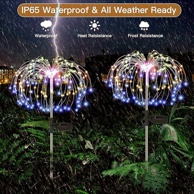 Redefun Solar Fireworks Lights 2 Pack 120 LEDs Solar Garden Outdoor Lights, 8 Modes Tall Sparkler Yard Light Waterproof Dandelion String Light for Outside Patio Pathway Decorations - Multicolor