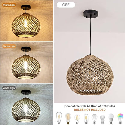 Farmhouse Rattan Pendant Lights, 13.8" Wicker Hand-Woven Rustic Chandelier, Round Hanging Light Fixture for Kitchen Island Bedroom Hallway Entry Living Room Dining Coffee Bar