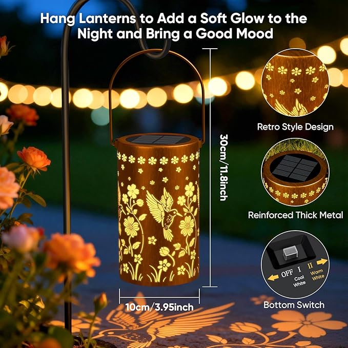 Solar Lanterns Outdoor Waterproof: 2 Pack Hummingbird Decor Valentines Day Gifts for Her - 2 Modes Vintage Metal Hanging Solar Lights for Outside Patio Porch - Gardening Gifts for Women Mom