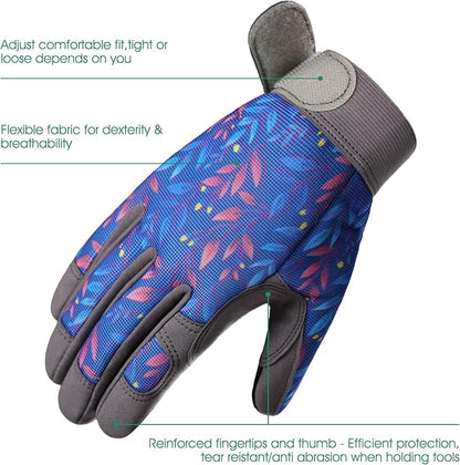 COOLJOB Medium Gardening Work Gloves for Women Ladies, Thorn Proof for Rose Pruning, Cactus Handling, Blackberry Bush Planting, Puncture Resistant Anti-Slip Flexible, 1 Pair M Blue Flower