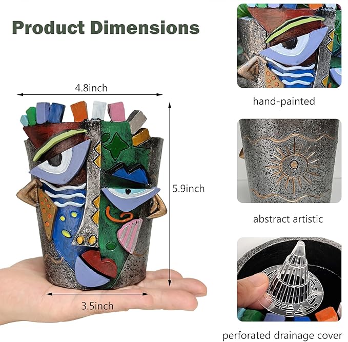5.9" High Handcrafted Abstract Face Planter with Drain Hole - Vibrant Resin Flower Pot for Indoor Outdoor Decor