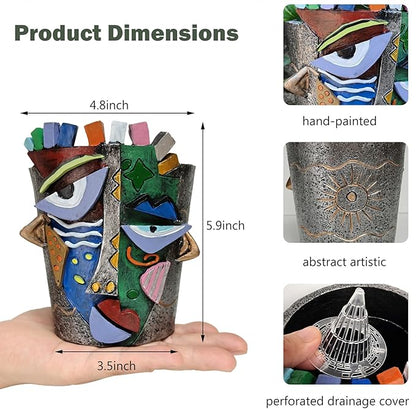 5.9" High Handcrafted Abstract Face Planter with Drain Hole - Vibrant Resin Flower Pot for Indoor Outdoor Decor