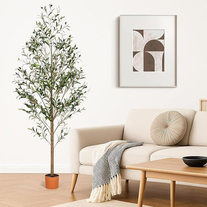 7FT Artificial Olive Tree Indoor Tall Realistic Faux Olive Tree with Plastic Planter, Fake Silk Tree with Handcrafted Branches & Fruits, Large Fake Plant for Home and Office Decor