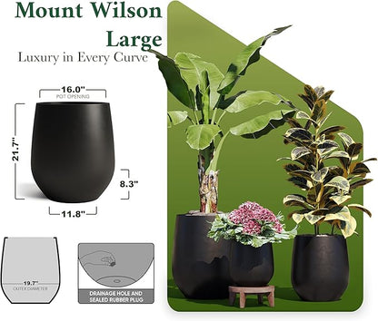 DTY Signature Mount Wilson Modern Indoor Outdoor Fiberstone Tapered Planter, Lightweight, Weather Resistant Garden Pot with Drainage Hole & Rubber Plug, Planter for Christmas Decor - Black, Large