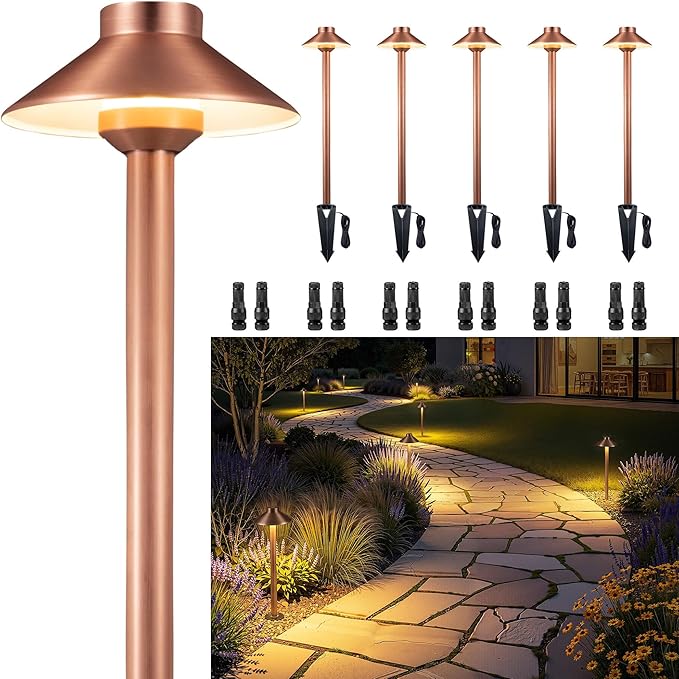 Gardenreet Brass Low Voltage Path Lights(Hat) Outdoor Waterproof IP65, 12v LED Copper Landscape Lights Wired Fixture for Walkway Driveway Garden Yard Without G4 Bulb(6 Pack)