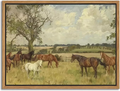 SAMHOU Floating Framed Canvas Wall Art, Vintage Nature landscape Picture Wall Decor, Majestic Brown Horse in The Countryside Poster Prints for Living Room Bathroom Bedroom Rustic Decor 12x16 inch