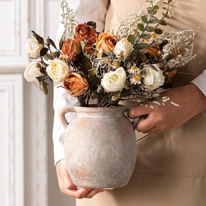 Ceramic Flower Small Vase 6 inch Farmhouse Rustic Vase Decorative Pottery Terracotta Vases for Home Decor Table Mantle Fireplace Living Room Bathroom Wedding Centerpiece