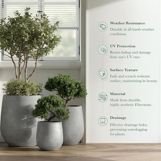 DTY Signature Mount Wilson Modern Indoor Outdoor Fiberstone Tapered Planter, Lightweight, Weather Resistant Garden Pot with Drainage Hole & Rubber Plug, Planter for Christmas Decor - Gray, Small