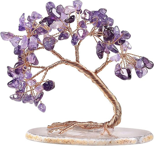 mookaitedecor Natural Amethyst Crystal Money Tree Agate Slice Base Feng Shui Bonsai Crystal Tree for Wealth Luck Desk Decor, 3-4 Inch High