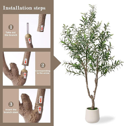 Fake Tree Faux Olive Tree with White Tall Planter Tall Fake Plant Faux Trees Indoor Olive Trees Artificial Indoor Suitable for Home Decoration Hotel Dining Room Office Decoration 6 Feet Tall