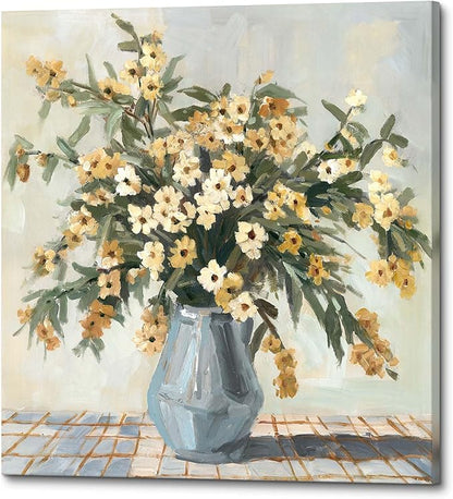 Yellow Flower Canvas Wall Art - Small Floral in Vase Picture Modern Bouquet Print Blossom Artwork for Bathroom Bedroom 12x12 Inch