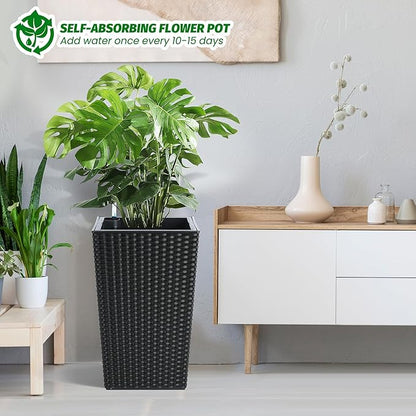 GarveeLife 16 Inch Tall Rattan Planter Set of 4, Self Watering Plant Pots with Water Level Monitor, Outdoor and Indoor Flower Pots for Patio, Porch, Living Room, or Home Office, Black
