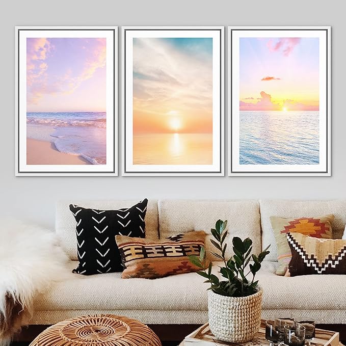 Ashbrook Framed Wall Art Print Set Pastel Dawn Sunset Ocean Beach Wave Landscape Nature Wilderness Photography Modern Art Scenic Colorful Chic for Living Room, Bedroom, Office - 24"x36"x3 White