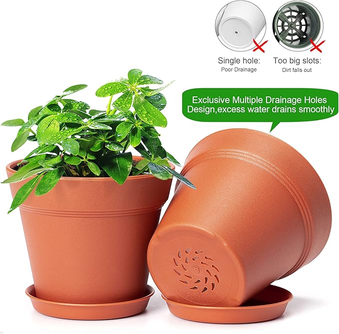 6 Pack Plastic Plant Pots with Drainage Holes and Tray, 7 inch Thickened Indoor Planters Seedlings Nursery Pots for Flowers, African Violet, Succulent and All House Plants, Terracotta