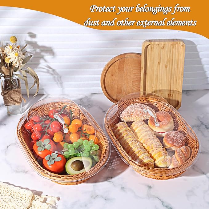 Hushee 2 Set Imitation Rattan Bread Basket with Lid Wicker Bread Baskets for Serving Woven Fruit Basket with Cover Oval Food Baskets for Food Vegetables Display(13.78 x 9.84 Inch, 15.75 x 11.81 Inch)