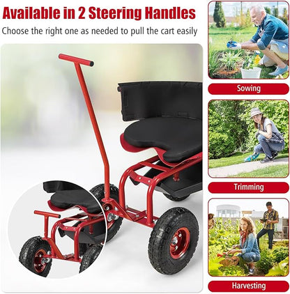 Goplus Rolling Garden Seat with Wheels, Outdoor Garden Cart with 360° Swivel Seat & Tool Storage, 2 Steering Handles, Gardening Stool Wagon Scooter, Lawn, Patio Gardening Workseat for Seniors