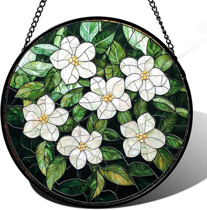 Stained Glass Suncatcher, Green Plants White Gardenia Sun Catcher Flower Stain Glass Window Hanging Decoration Mother's Day Birthday Gifts for Women Men Mom Nana 6.3 in