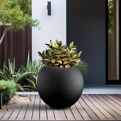 Kante Round Concrete Flower Pot, 19.3 Inch Dia (14" Opening) Sphere Shape Design Planter with Drainage Hole and Rubber Plug for Indoor & Outdoor Plants, Black Finish with Painted Interior