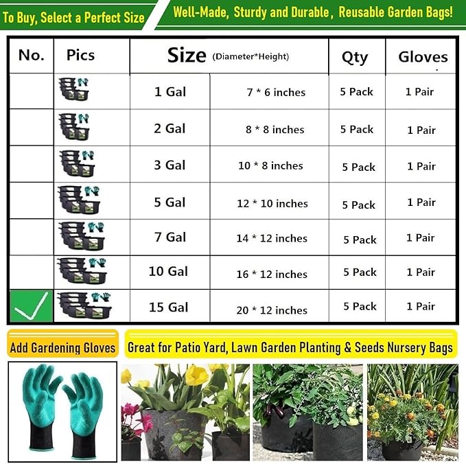 5-Pack 15 Gallon Thickened Plant Grow Bags (20x12 inch) Fabric Plant Pots for Potato,Tomato Planters,Herbs Veggies Planter Bags,Flower Pot,Garden Pot,Barrel Planter,Plant Container W/ Gardening Gloves
