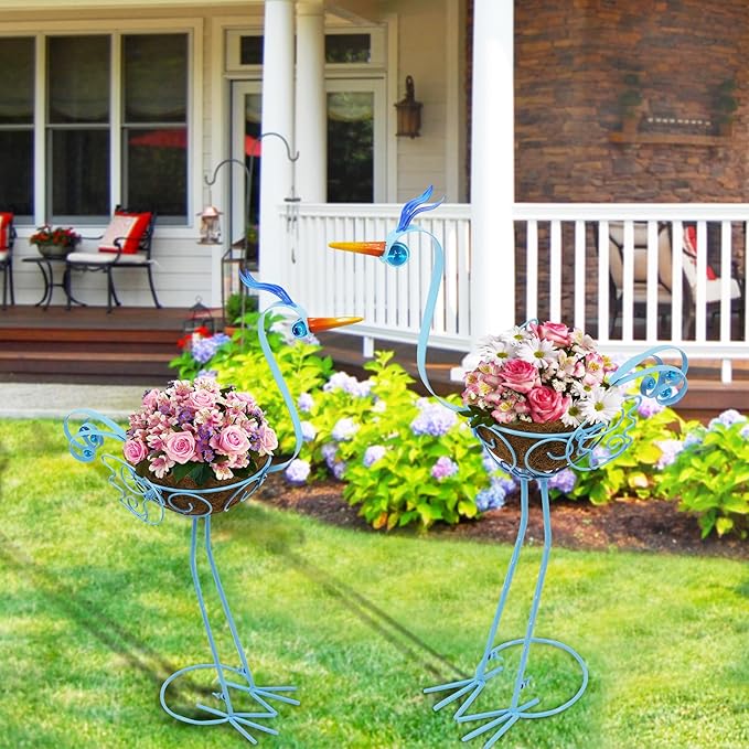 J-Fly 2 Sets Pelican Metal Flowers Plant Holders Stand with Coconut Pots, Plants Stand Indoor Flower Pots Outdoor, Room Home Living Room Front Outdoor Patio Decor, Gardening Christmas Decoration Gifts