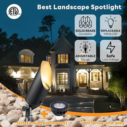 Gardenreet Low Voltage Spotlight - Outdoor Light Fixture 12V AC/DC, Brass Landscape Lights LED Hardwired, Weather Proof Black for Flag Wreath with Cool Light MR16 Removable Bulbs (10 Pack)