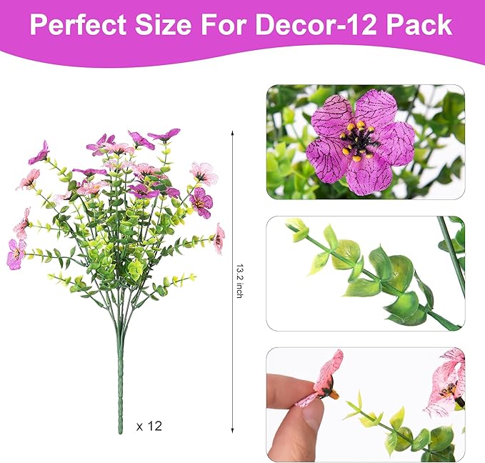 Artificial Fake Mums Flowers for Outdoor Fall Decor, 12 Bundles Faux Silk Daisy Plants for Planter Pot Colorful UV Resistant Look Real for Front Door Porch Patio Outside Yard(Purple Pink)
