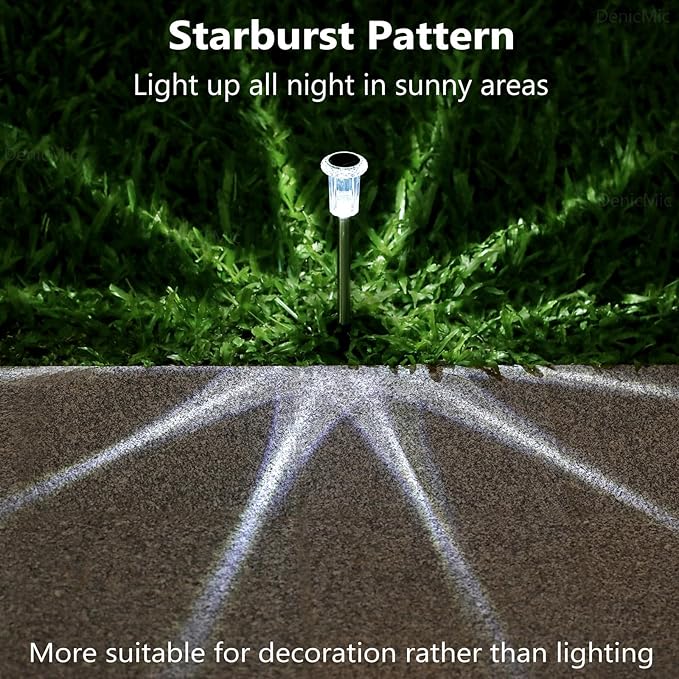 DenicMic Solar Lights Outdoor 10 Pack Waterproof Solar Christmas Lights Outdoor 6000K Cold White LED Stainless Steel Stake for Pathway Yard Garden Driveway Outside Decor