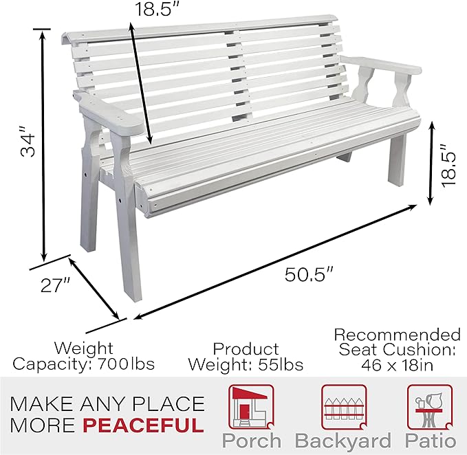 Amish Casual Heavy Duty 4 Foot Roll Back Outdoor Bench in White Stain - Amish Made in The USA from Treated Pine for Outdoor Durability, 700 Lb Weight Capacity