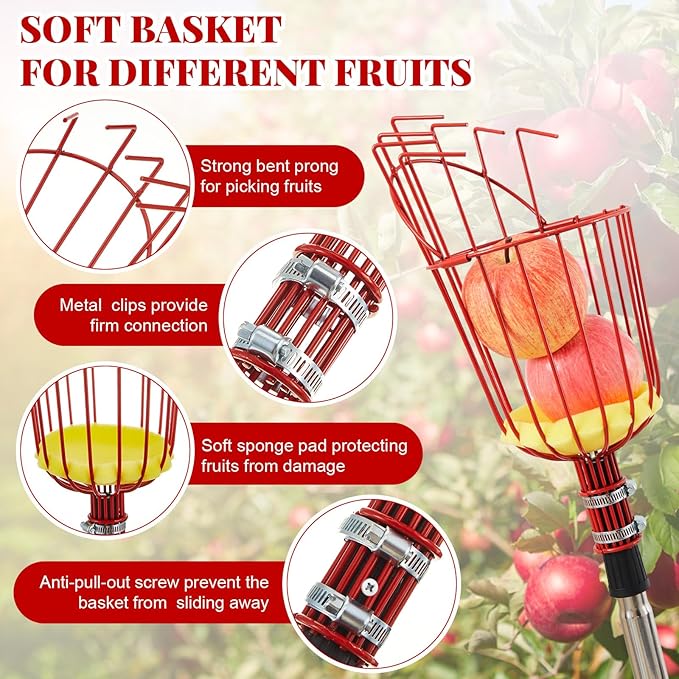19.5ft Adjustable Fruit Picker Pole with Basket Long Handle with Storage Bag and Gloves Fruit Picker Equipment for Lemons Apples Avocados Picking(Red)