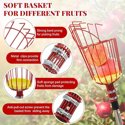 22.5ft Adjustable Fruit Picker Pole with Basket Long Handle with Storage Bag and Gloves Fruit Picker Equipment for Lemons Apples Avocados Picking(Red)