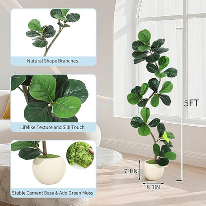 5ft Artificial Fiddle Leaf Fig Tree, Tall Fake Plants with White Planters, Artificial Plants Indoor with Realistic Moss for Home Decor Office Living Room