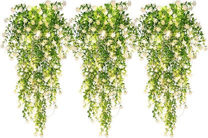 RECUTMS 3 Pcs Hanging Fake Plants Fake Vines Artificial Plants Large Faux Hanging Plant with 30 LED String Light, Artificial Greenery Wall Indoor Outdoor(White)