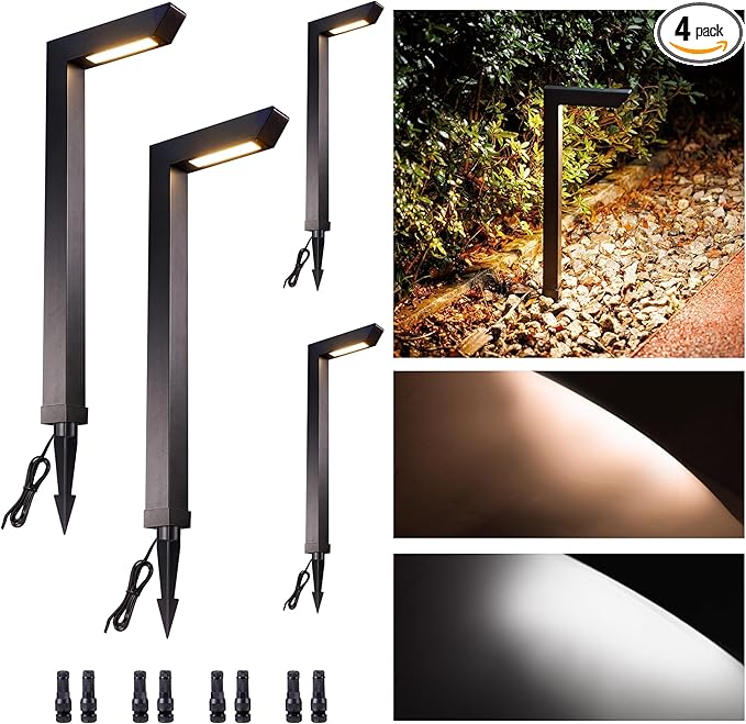 Low Voltage Pathway Lights, 3CCT LED Landscape Path Lights, Outdoor Waterproof IP65, Wired Black Aluminum L Shaped 5W 235LM for Sidewalk Step 4 Pack