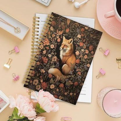 Fox Floral Spiral Notebook, Retro Black Cottagecore Floral Journaling Notebooks for Note Taking, Vintage Flower Aesthetic Hardcover Journals for Women 160 Pages 5.5x8.3 Inch, Fox Gifts for Women