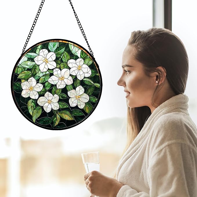 Stained Glass Suncatcher, Green Plants White Gardenia Sun Catcher Flower Stain Glass Window Hanging Decoration Mother's Day Birthday Gifts for Women Men Mom Nana 6.3 in