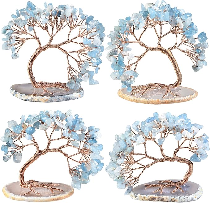 mookaitedecor Natural Aquamarine Crystal Money Tree Agate Slice Base Feng Shui Bonsai Crystal Tree for Wealth Luck Desk Decor, 3-4 Inch High