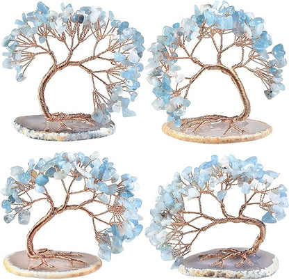 mookaitedecor Natural Aquamarine Crystal Money Tree Agate Slice Base Feng Shui Bonsai Crystal Tree for Wealth Luck Desk Decor, 3-4 Inch High