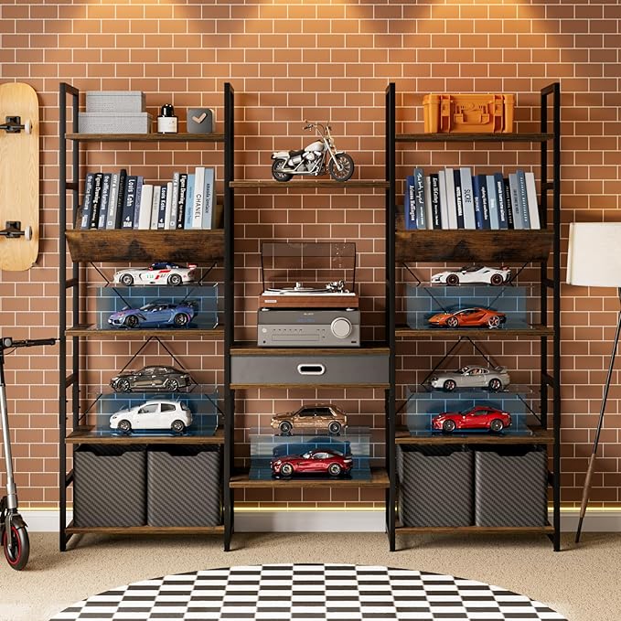 OTK Triple Wide 5 Tier Bookshelf, Adjustable Bookcases with 14 Open Display Shelves, Rustic Industrial Style Bookshelves for Bedroom, Living Room and Home Office, Rustic Brown