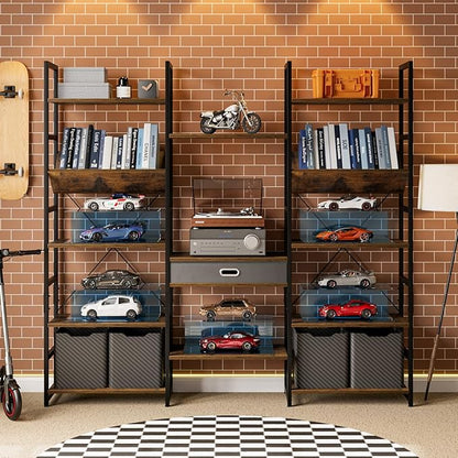 OTK Triple Wide 5 Tier Bookshelf, Adjustable Bookcases with 14 Open Display Shelves, Rustic Industrial Style Bookshelves for Bedroom, Living Room and Home Office, Rustic Brown