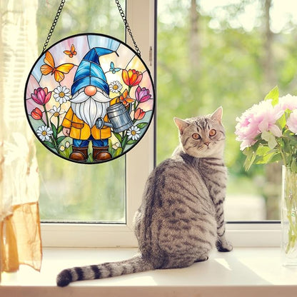 Stained Glass Window Hanging, Gnome in Garden Sun Catcher for Indoor Window Decoration with Flowers & Butterflies, Stained Glass Home Decor Gift for Women and Men G34 (6.3'')