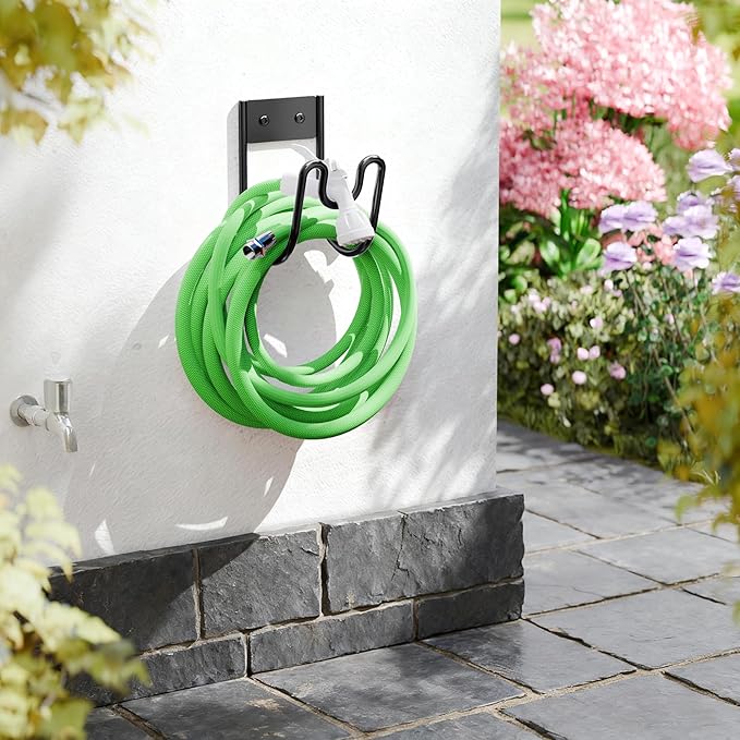 Black Metal Garden Hose Holder - Wall Mounted Water Hose Holder - Hose Hanger Heavy Duty for Water Hose Extension Cords Vacuum Hose (1 Pack)
