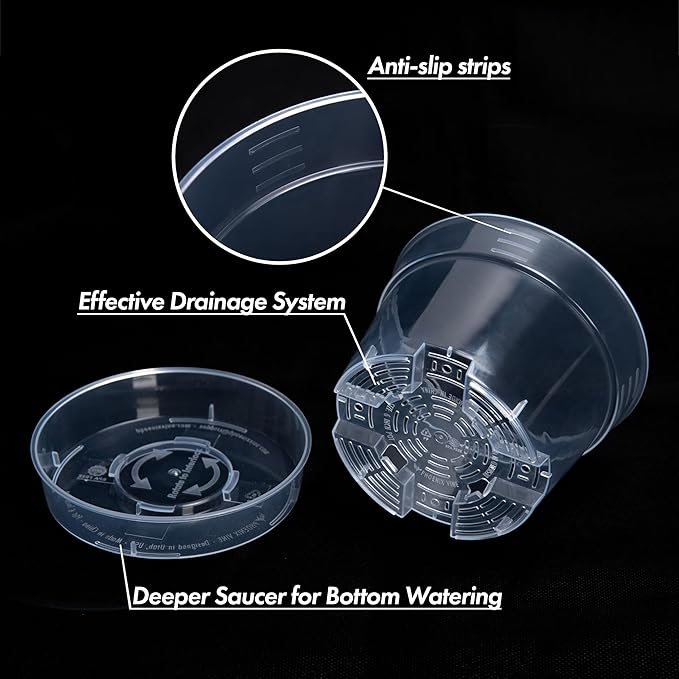 6 Inch Clear Plastic Plant Pot with Drainage Holes, Interlocking & Detachable Tray - Deep Saucer - Durable BPA-Free Plastic, Transparent Design, Raised Base for Airflow, Set of 6, 92-X-A-4