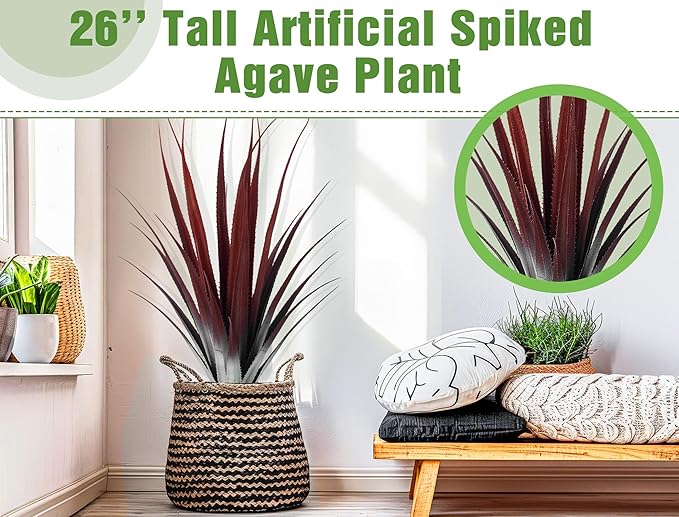 Giegxin 1 Pcs 26'' Realistic Red Artificial Aloe Vera Plant Faux Agave Plant Potted UV Resistant Agave Artificial Greenery Outdoor Indoor for Housewarming Gift House Garden