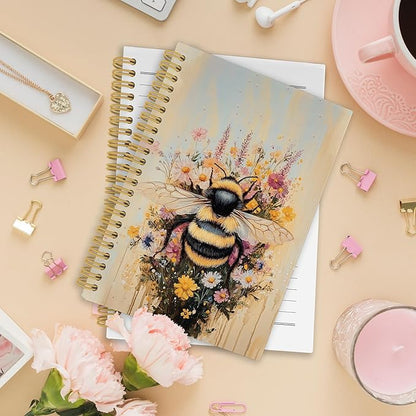 Vintage Bee Spiral Notebook, Retro Animal Bumble Honeybee Journaling Notebooks Gift for Teacher Student Women, Spring Flower Plant Hardcover Journals for School Office, 160 Pages 5.5 x 8.3 Inch